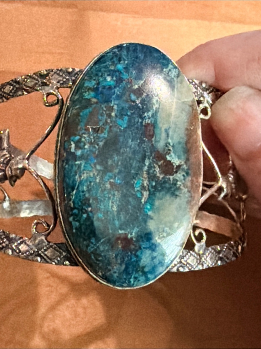 Beautiful Chrysocolla Oval Stone Women's Cuff Bracelet - 925 Plated/Stamped